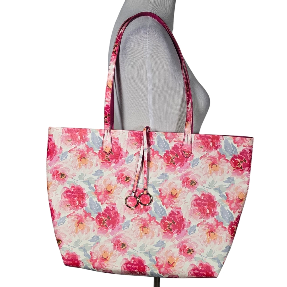 Unbranded Stein Mart Pink Floral Vinyl Open Tote Bag